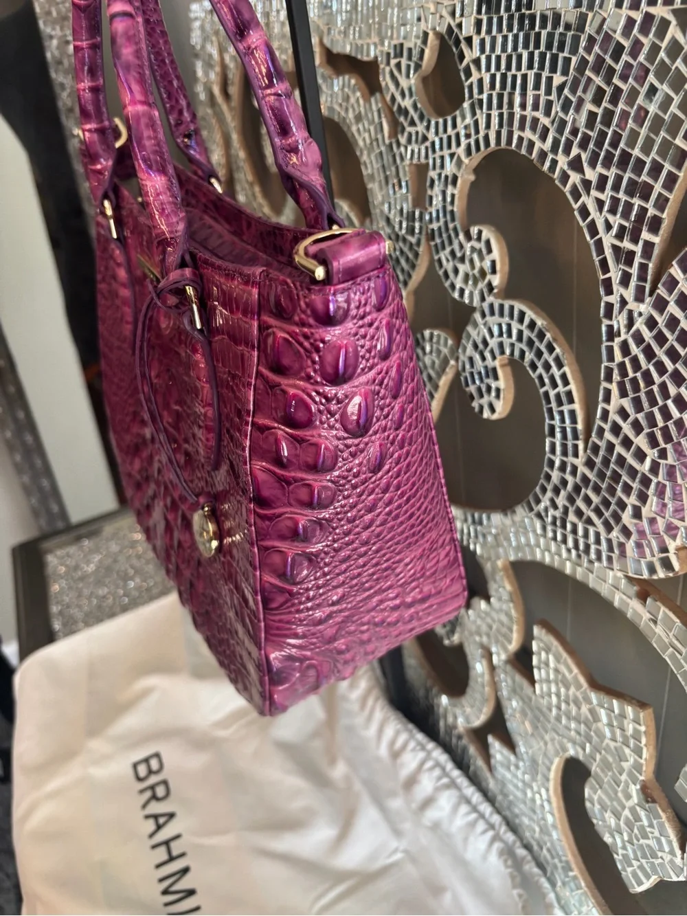 ⭐️Brahmin Fuchsia Croc-Embossed Leather Satchel